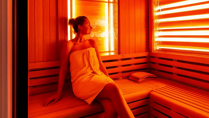 Woman in a small infrared sauna with landscape orientation
