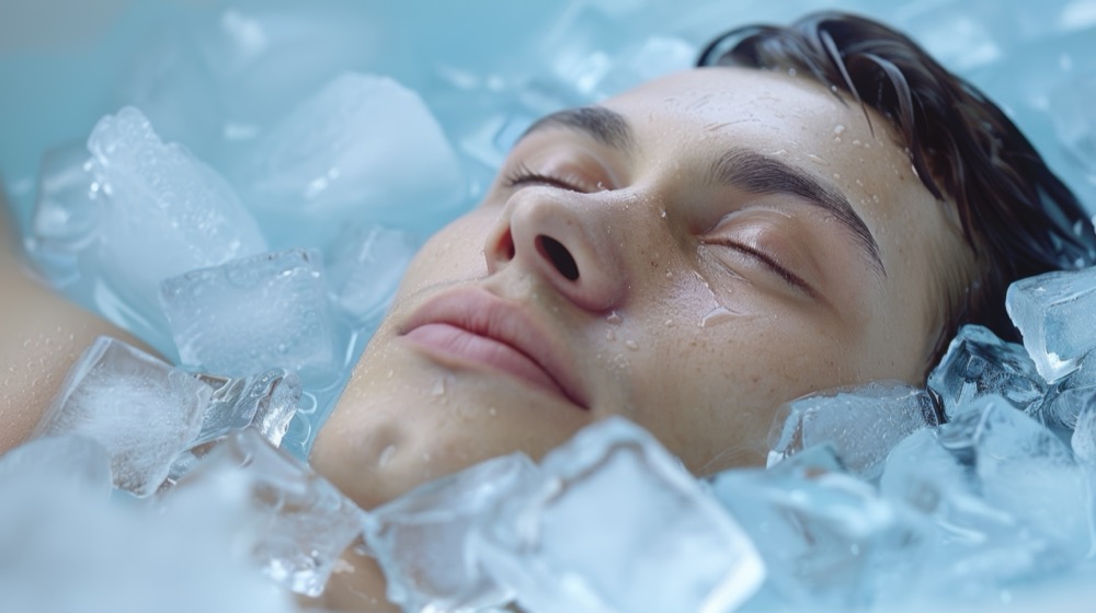 A person lying in a bathtub filled with ice cubes serene expression on their face as they embrace the invigorating cold.